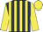 Dark blue and yellow stripes, yellow sleeves and cap (Anita Wigan)